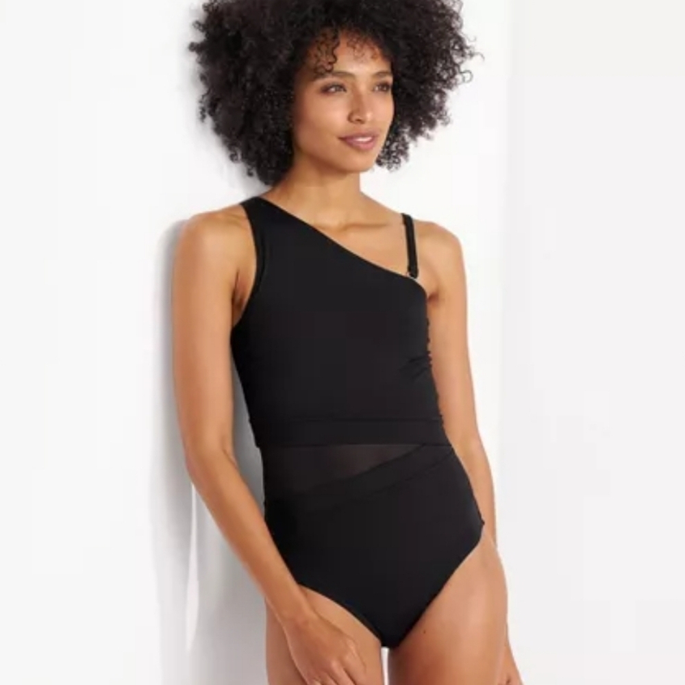 Lands' End Wmn's 8 One Shoulder High Leg Shine Shirred One Piece Swimsuit Black - Picture 8 of 8